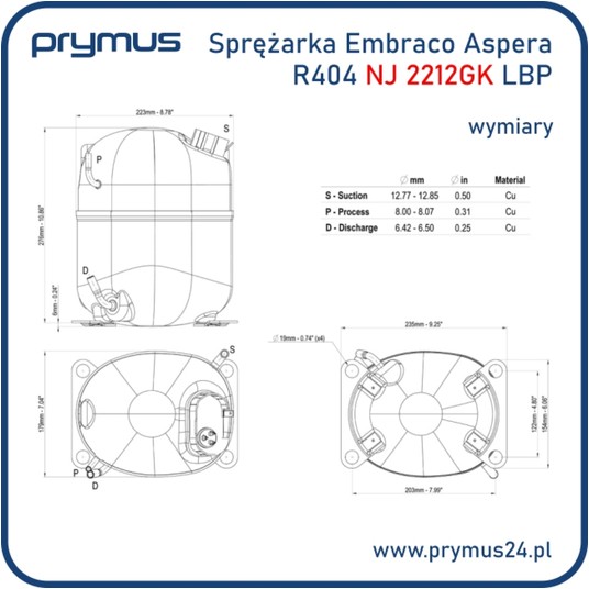 Sprężarka Embraco Aspera R404 NJ 2212GK • LBP • lutowana BOX • 943DA11 -zdjęcie numer 2